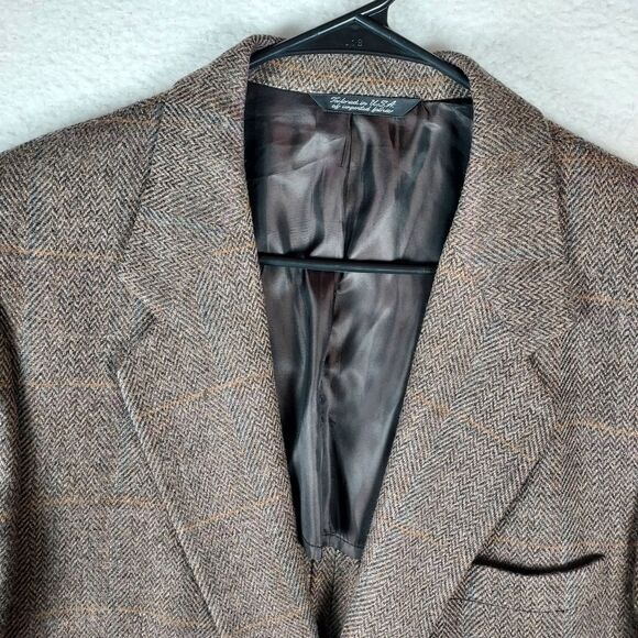 Vintage Kingsridge 44R Pure Wool Brown Plaid Herringbone Blazer Sport Coat - Picture 4 of 12